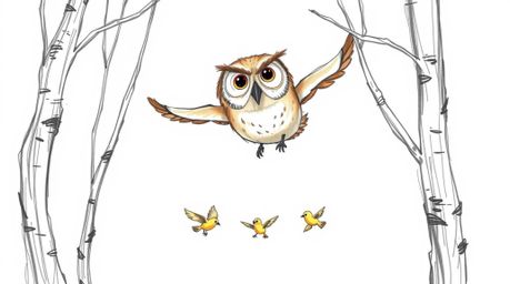 A charming hand-drawn sketch in the style of Pixar depicts a wise, blind owl gliding gracefully between trees, guiding a floc