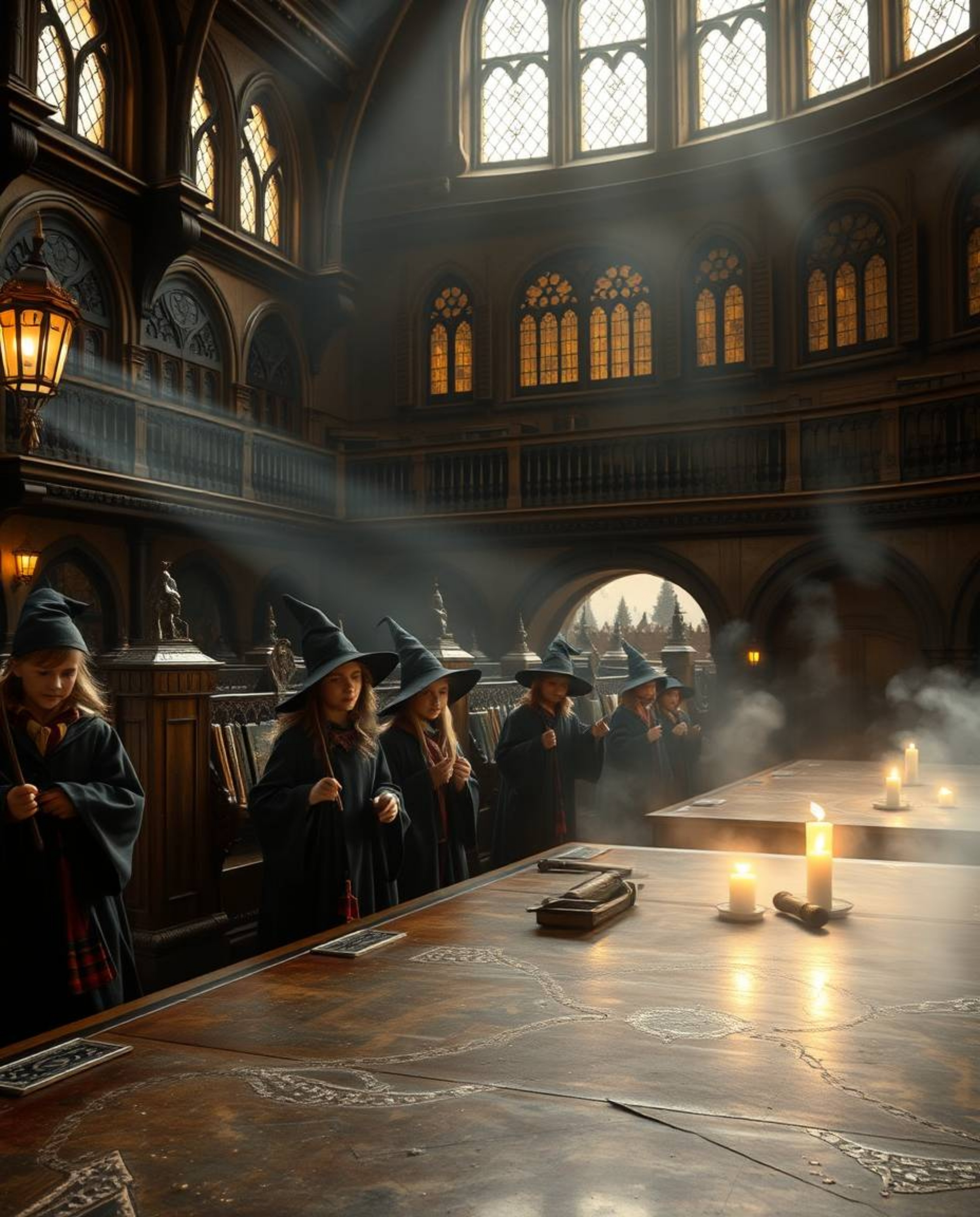 Immerse yourself in a magical school teeming with young wizards, brought to life with stunning volumetric lighting. Imagine a