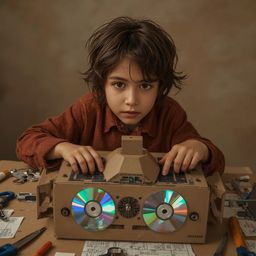A captivating image in the vibrant style of Pixar depicts a boy with bright, curious eyes meticulously crafting a functional 