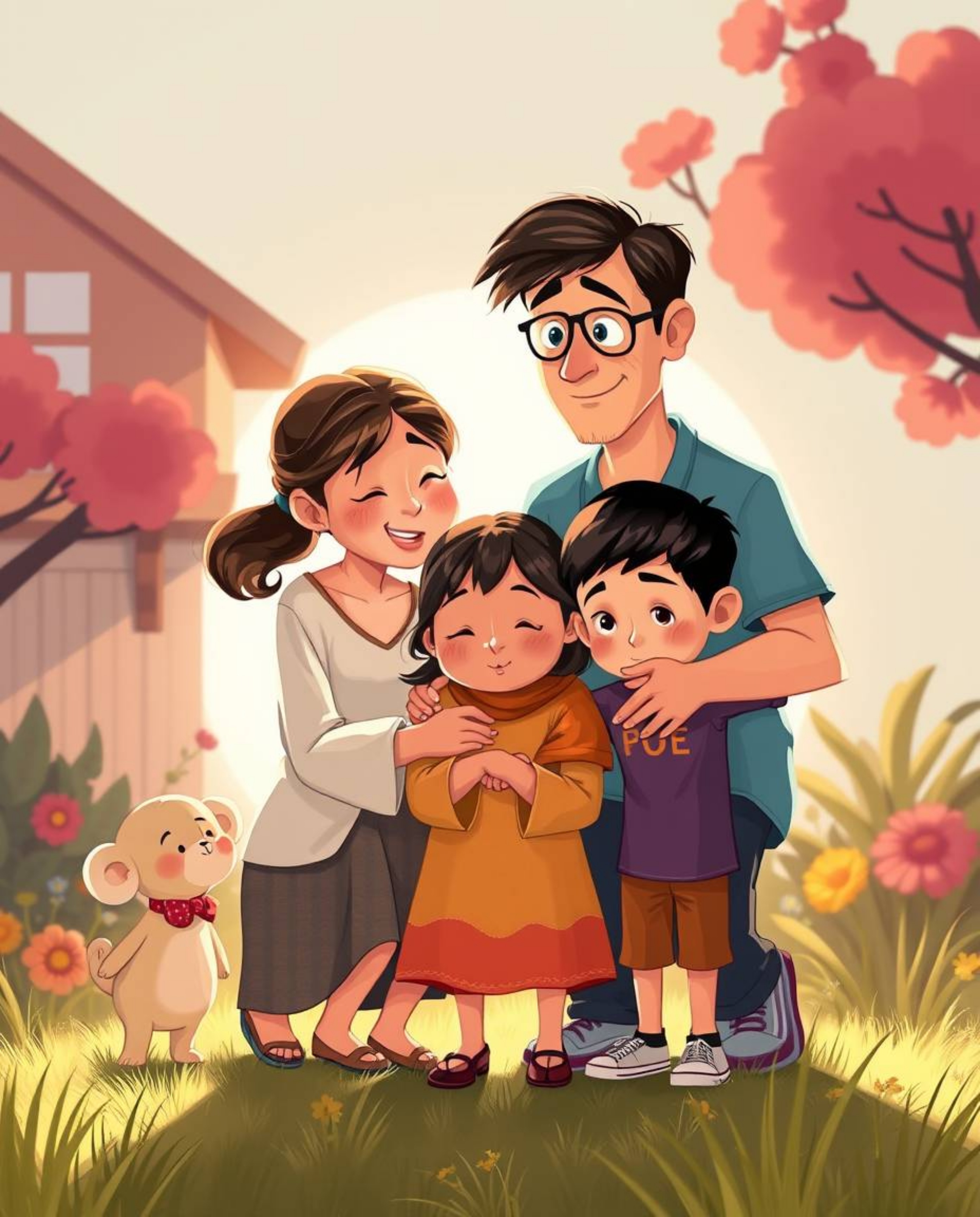 A heartwarming Pixar-style illustration showcasing a heartfelt family reunion, rendered with vibrant complementary colors and