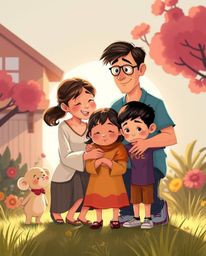 A heartwarming Pixar-style illustration showcasing a heartfelt family reunion, rendered with vibrant complementary colors and
