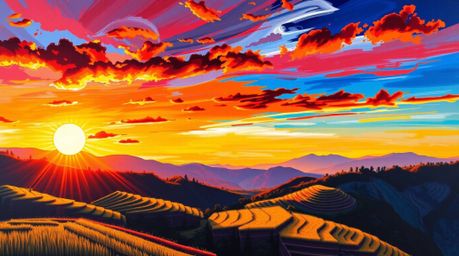 A stunning bold acrylic painting depicting a breathtaking sunset over lush green rice terraces nestled in majestic mountains.