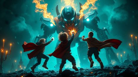 Witness an epic battle where three superpowered children confront a formidable robot, all bathed in rich, deep teal lighting.