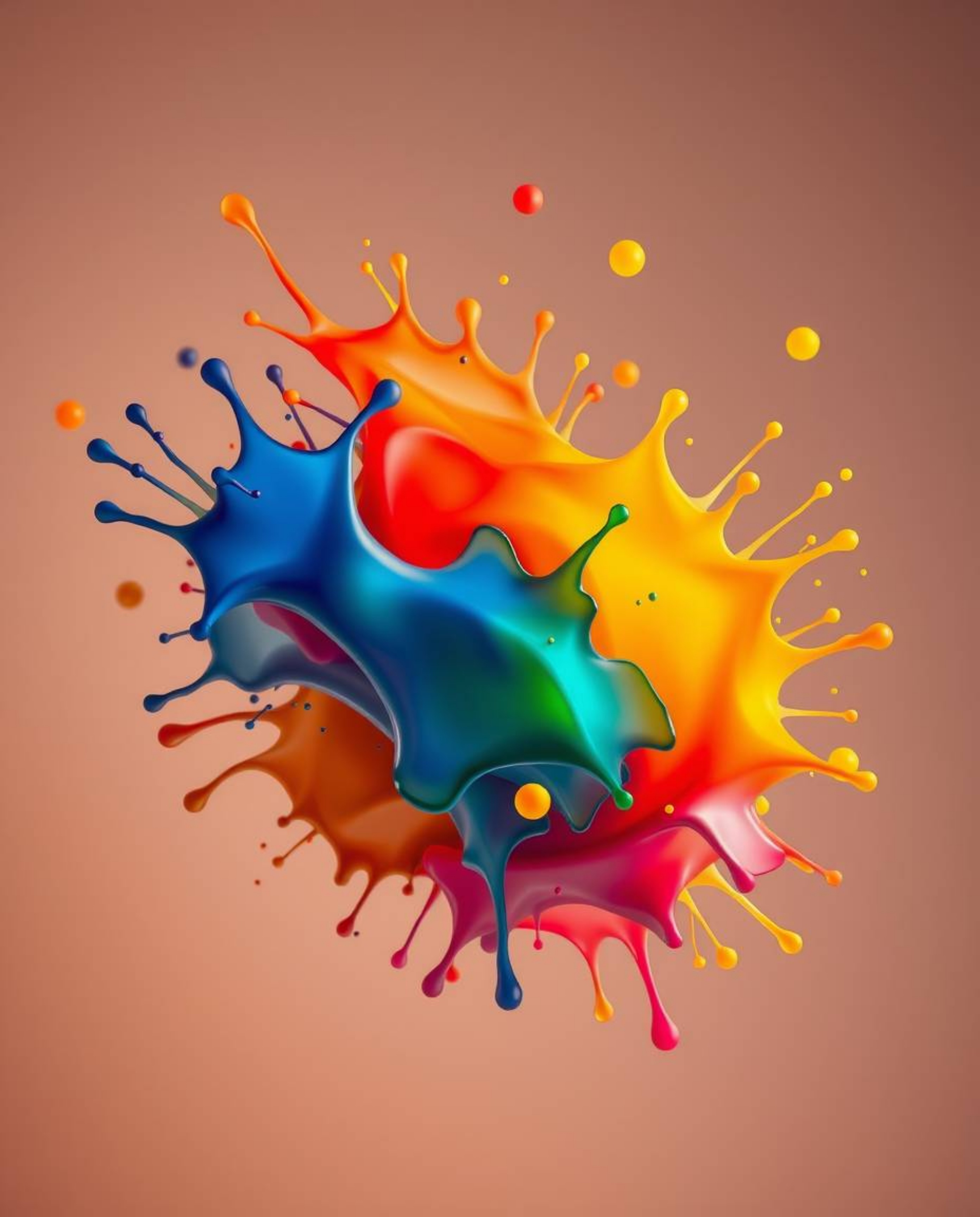 A professional fine art photograph showcasing abstract 3D colorful splash shapes gracefully floating in space. Captured with 