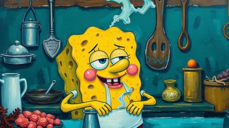 Dive into a captivating acrylic painting depicting a textured sponge character skillfully cooking in a luxurious underwater k