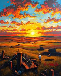 A captivating oil painting showcases a sunrise over a war-torn landscape, rendered in bright, vibrant colors.  The artwork's 