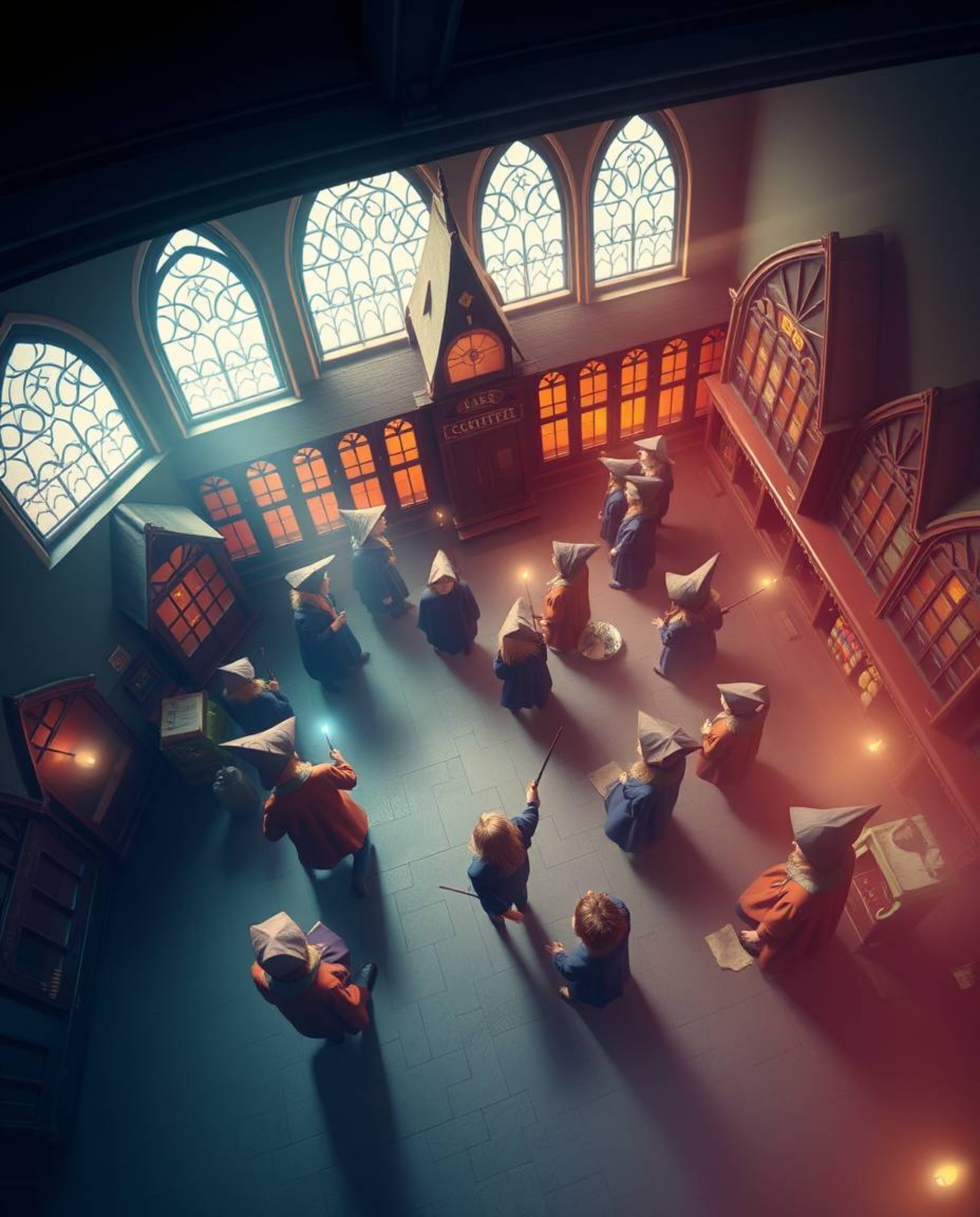 Explore a breathtaking high-angle view of a magical school bustling with young wizards, captured with smooth gradient transit