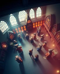Explore a breathtaking high-angle view of a magical school bustling with young wizards, captured with smooth gradient transit