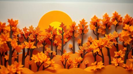A breathtaking close-up showcasing intricate origami artistry, meticulously folding paper to represent a vibrant autumn fores