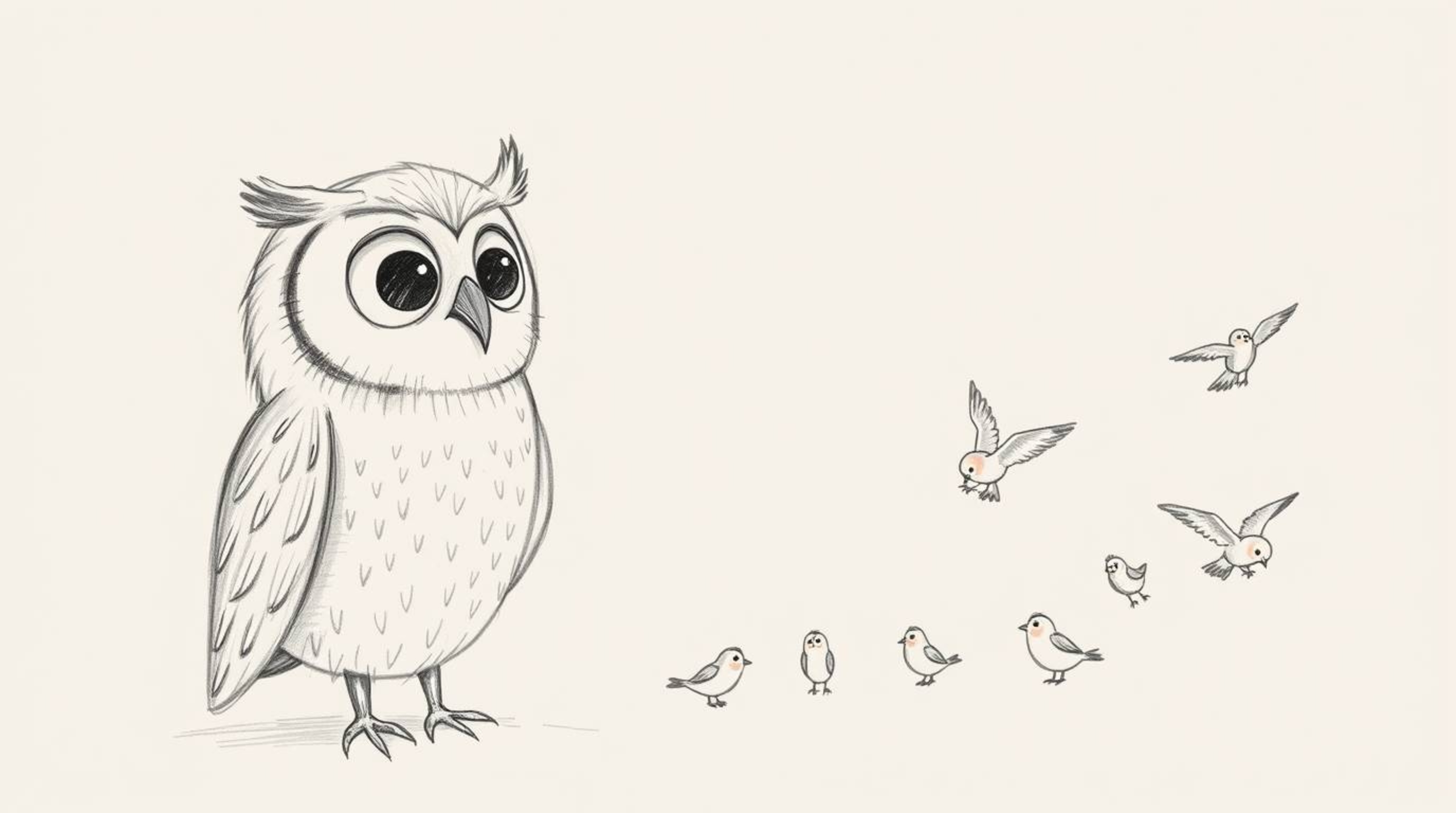 A hand-drawn sketch in the style of Pixar depicts a wise, blind owl with soft pencil strokes, gently guiding a diverse flock 