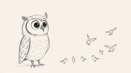 A hand-drawn sketch in the style of Pixar depicts a wise, blind owl with soft pencil strokes, gently guiding a diverse flock 