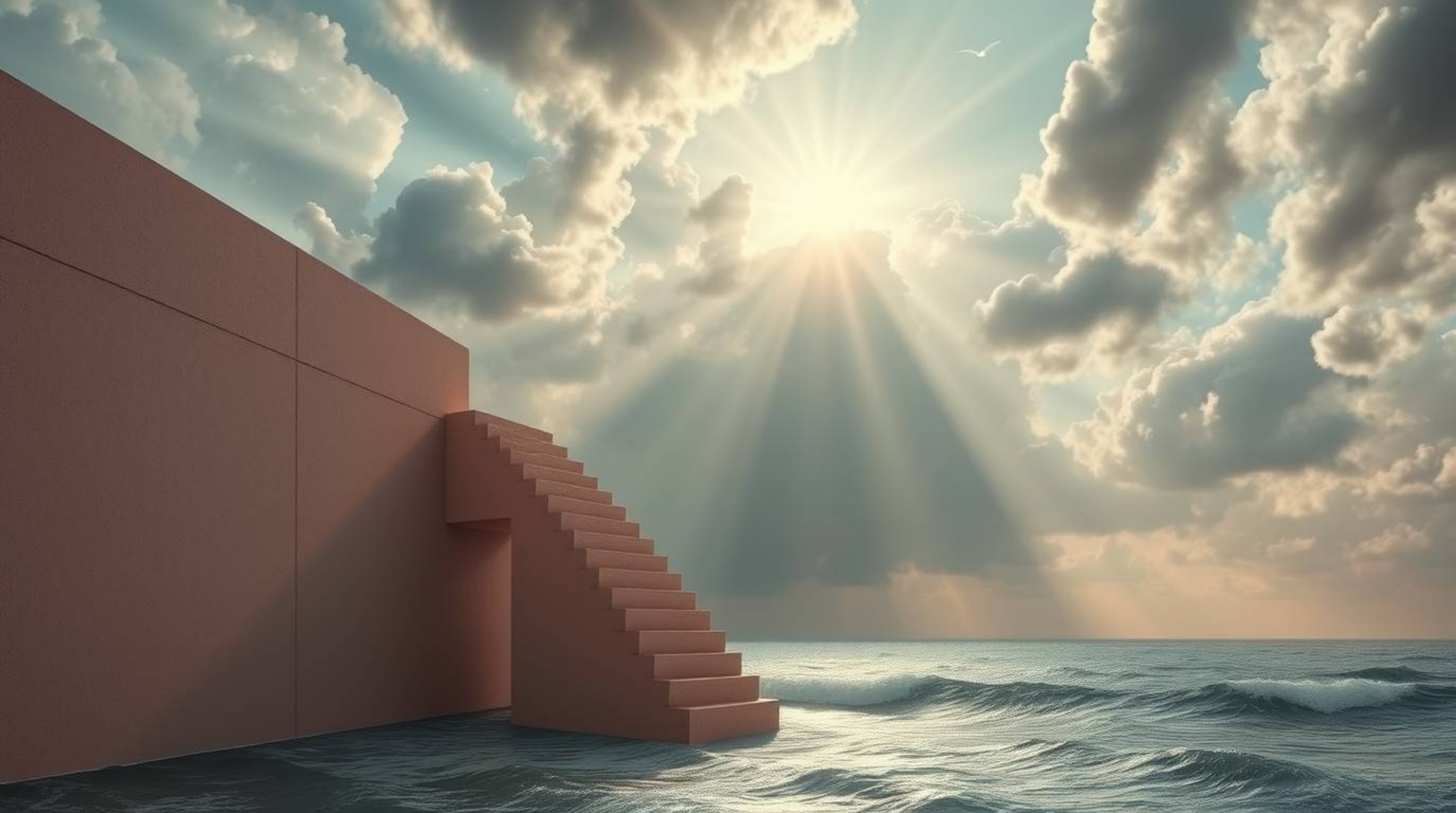 An image depicting an epic staircase dramatically emerges from the ocean and ascends towards a turbulent, stormy sky illumina