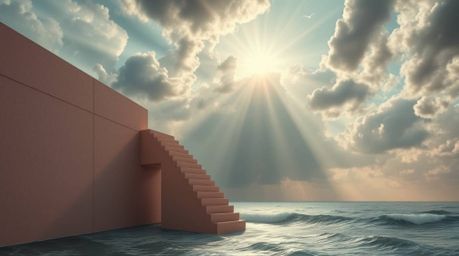 An image depicting an epic staircase dramatically emerges from the ocean and ascends towards a turbulent, stormy sky illumina