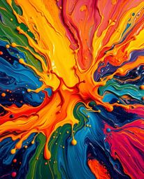 This artwork captures a dynamic moment: a bold acrylic paint splash frozen in mid-air, bathed in a warm, golden glow.  The su