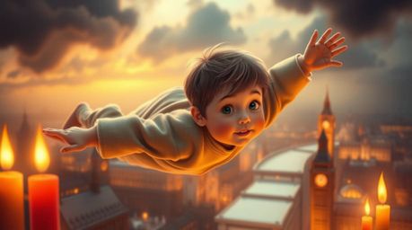 This captivating artwork depicts a young boy with soft features and rosy cheeks soaring above the iconic London skyline. Bath