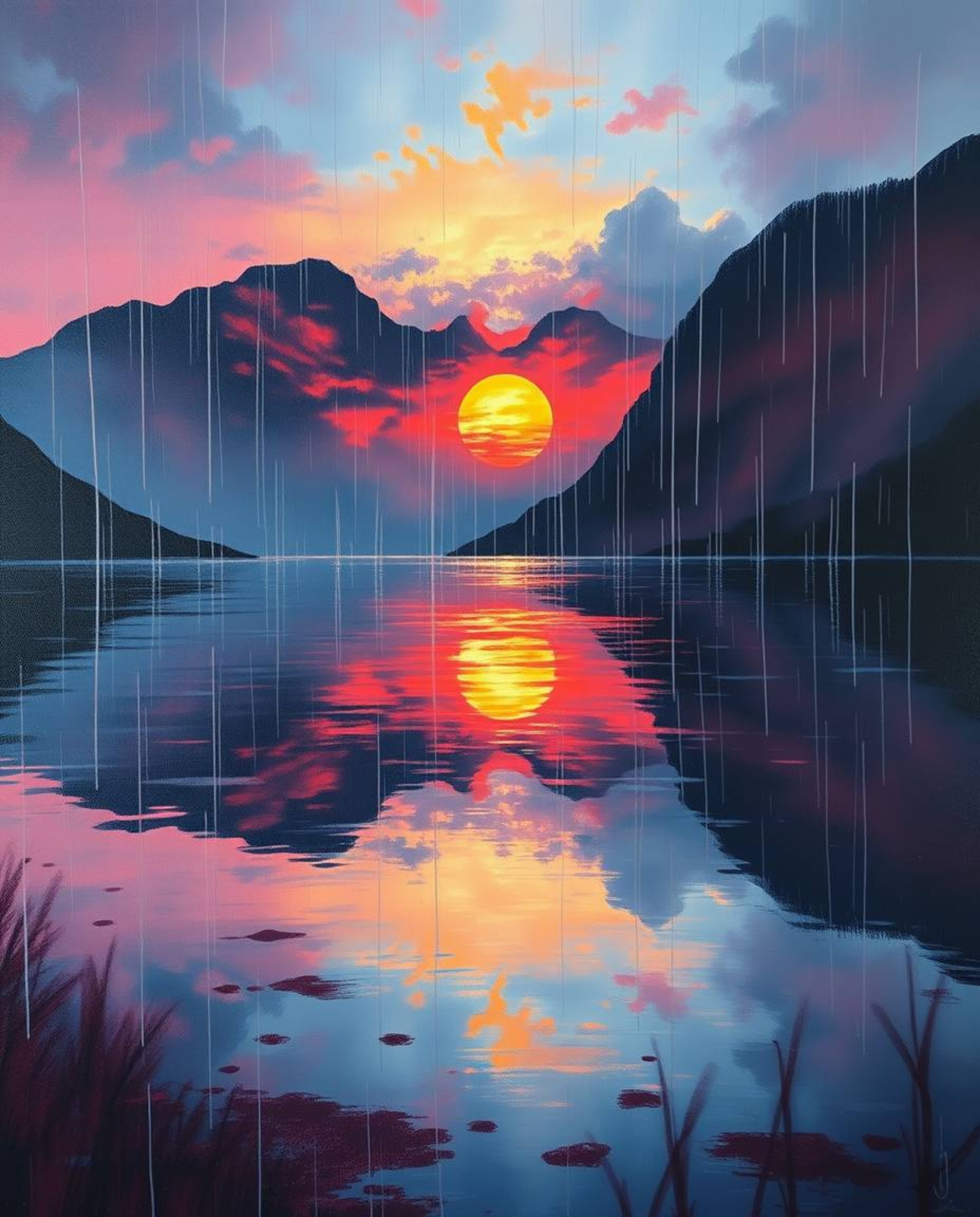 A sophisticated and elegant painting of a glassy fjord reflecting a sunset during a wet, rainy scene. This artwork is charact
