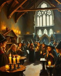 Immerse yourself in a classic oil painting that portrays a magical school bustling with young wizards. The artwork masterfull