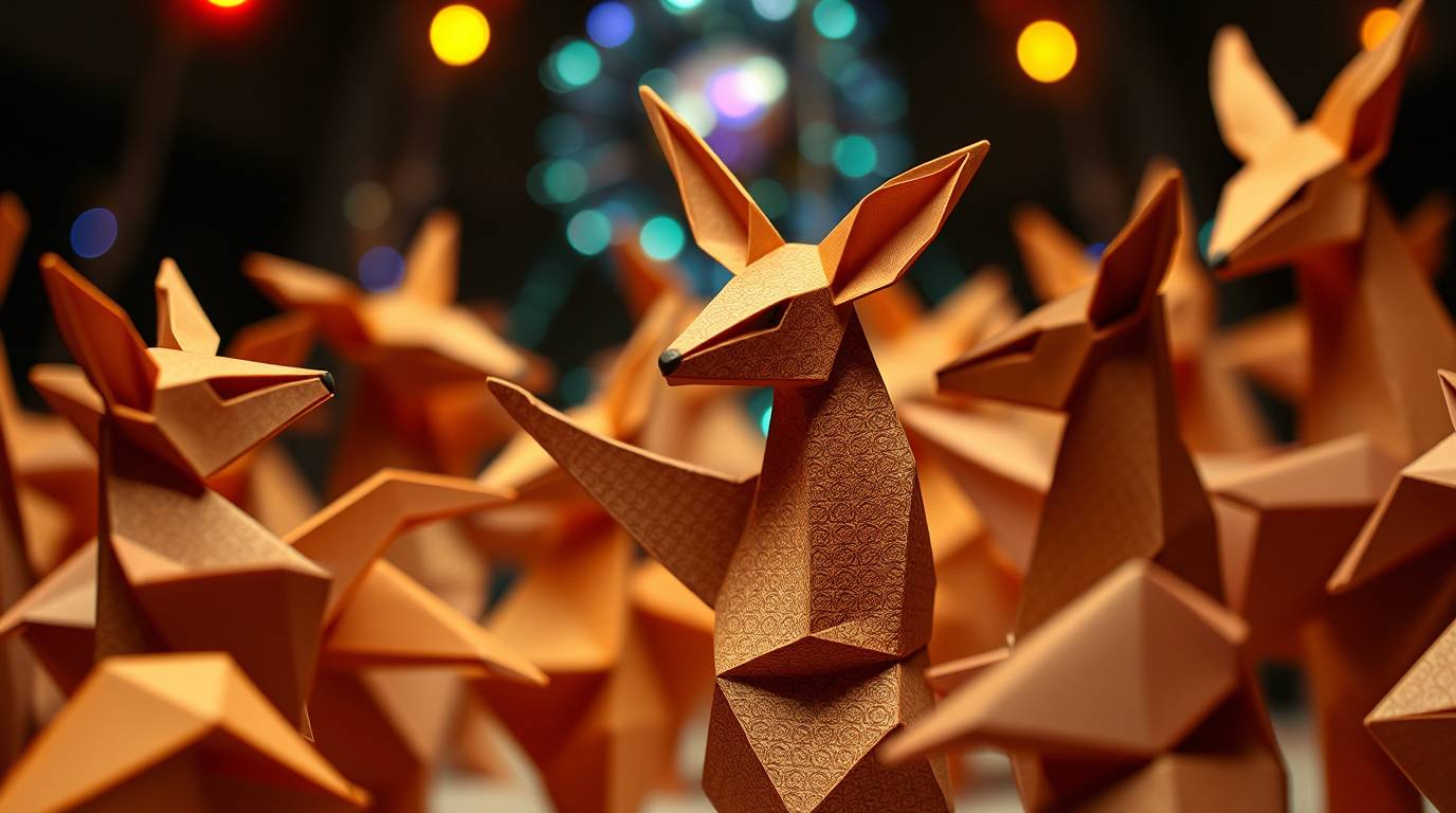 A captivating close-up shot showcasing an origami animal dance party.  Intricate details and geometric precision are highligh