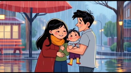 Explore a heartwarming Pixar-style illustration of a family reunion set in a vibrant, rainy scene. Discover the beauty of com