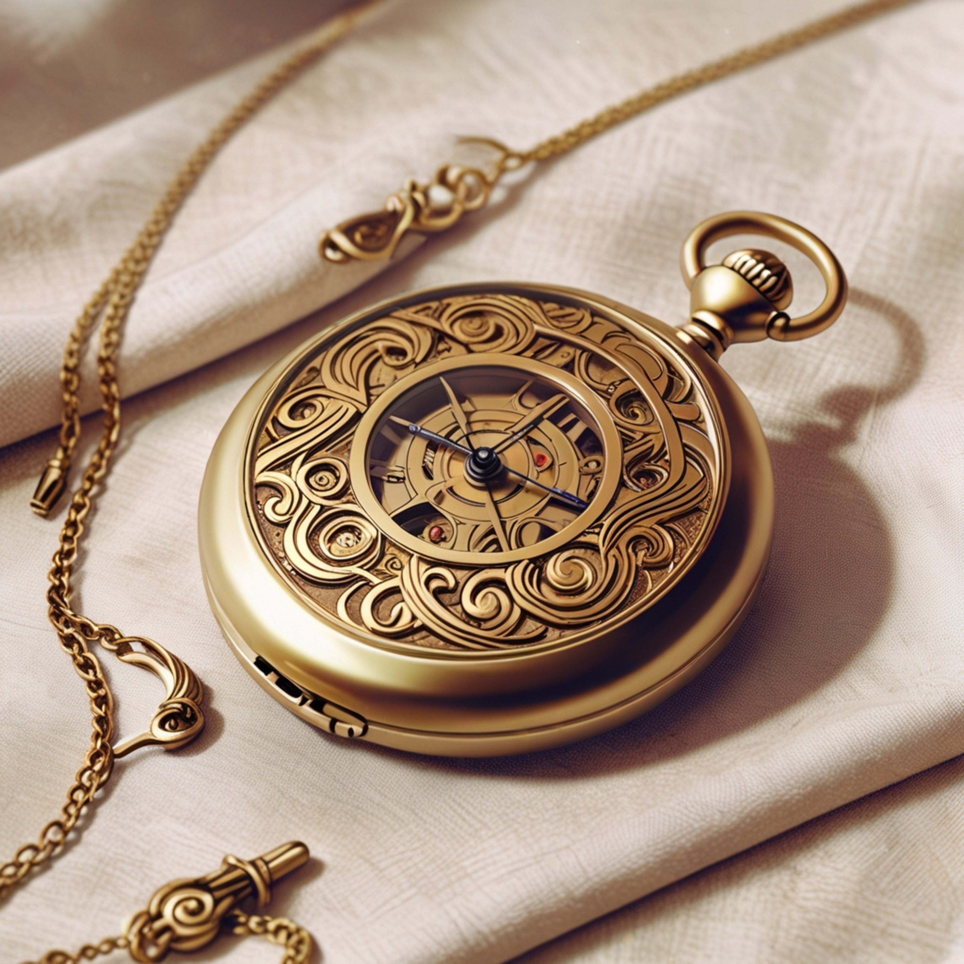 A polished brass pocket watch, lying open on a soft linen cloth, showcases intricate engravings. This image evokes a sense of