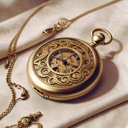 A polished brass pocket watch, lying open on a soft linen cloth, showcases intricate engravings. This image evokes a sense of