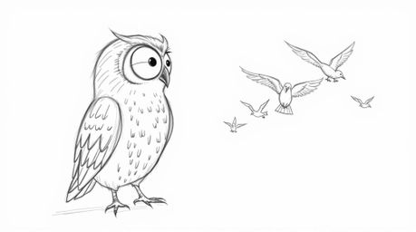 A heartwarming hand-drawn sketch in the style of Pixar portrays a wise, blind owl with textured pencil strokes patiently teac