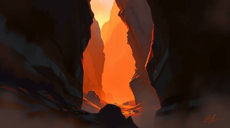 A captivating digital painting depicts a rocky canyon awash in the warm hues of a setting sun.  Loose painterly strokes creat