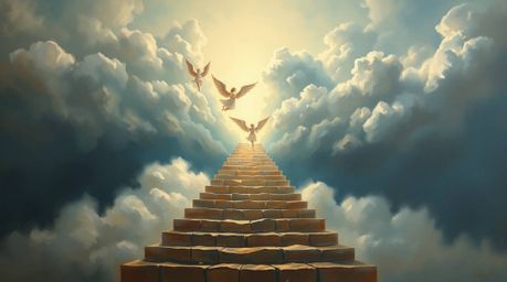 This artwork captures a dreamlike and peaceful scene of light ascending into a cloudy sky, rendered in a classic oil painting