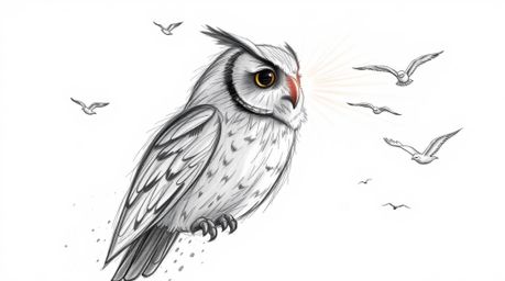 A captivating hand-drawn sketch portrays a Pixar-esque blind owl, seemingly lost in the wind, guiding other birds in the art 