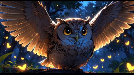 In a magical night scene, beautifully rendered in a blend of Pixar and anime styles, a wise blind owl mentors young birds. Th