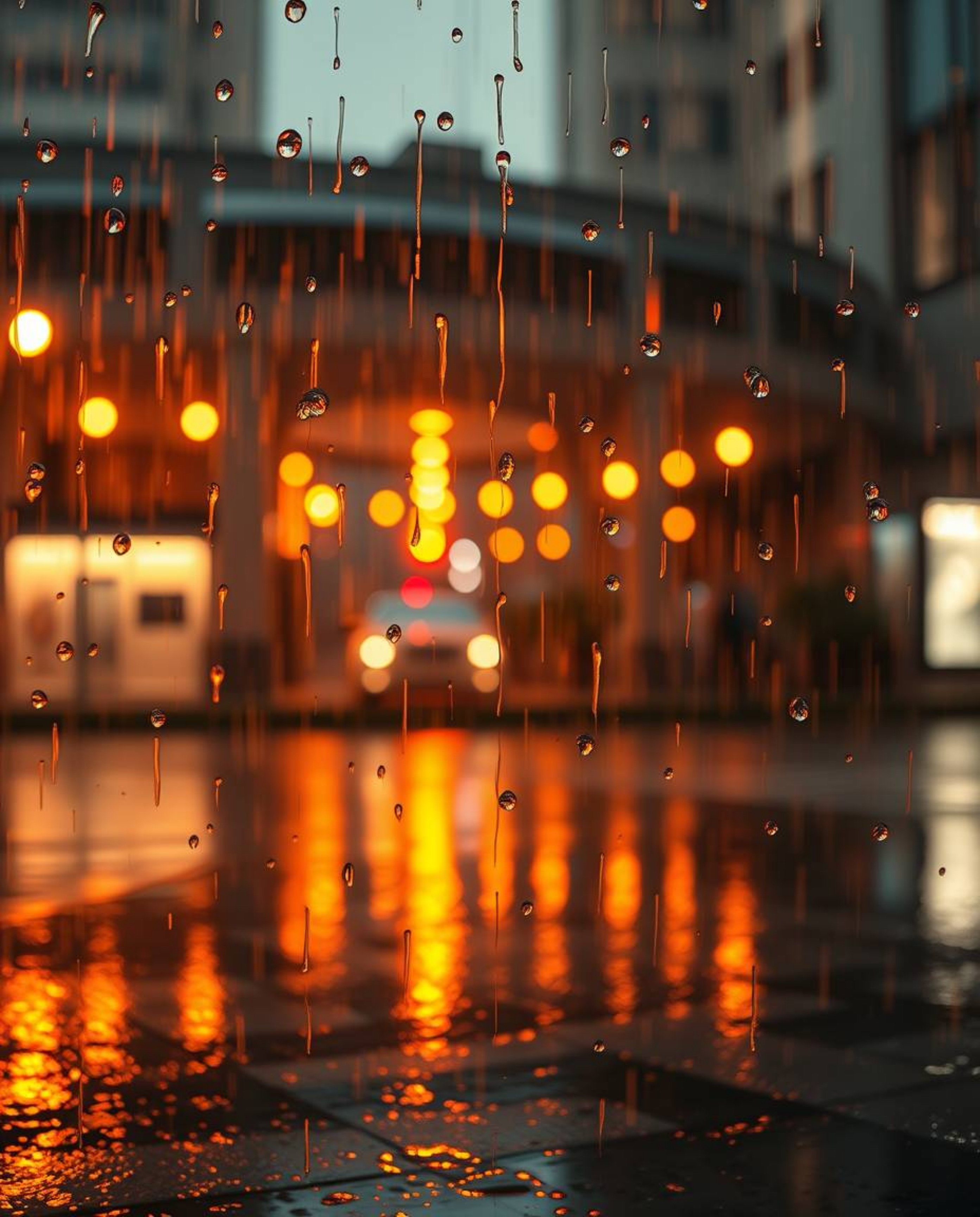 Experience the captivating allure of a warm, golden glow illuminating a wet and rainy scene. This artwork features a minimali