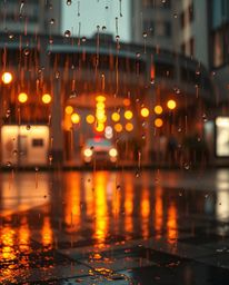 Experience the captivating allure of a warm, golden glow illuminating a wet and rainy scene. This artwork features a minimali