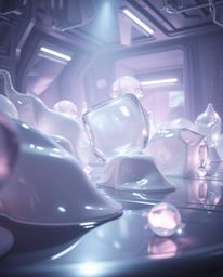 Explore a captivating long exposure photograph showcasing surreal, melted glass-like 3D shapes set within a hyperrealistic sc