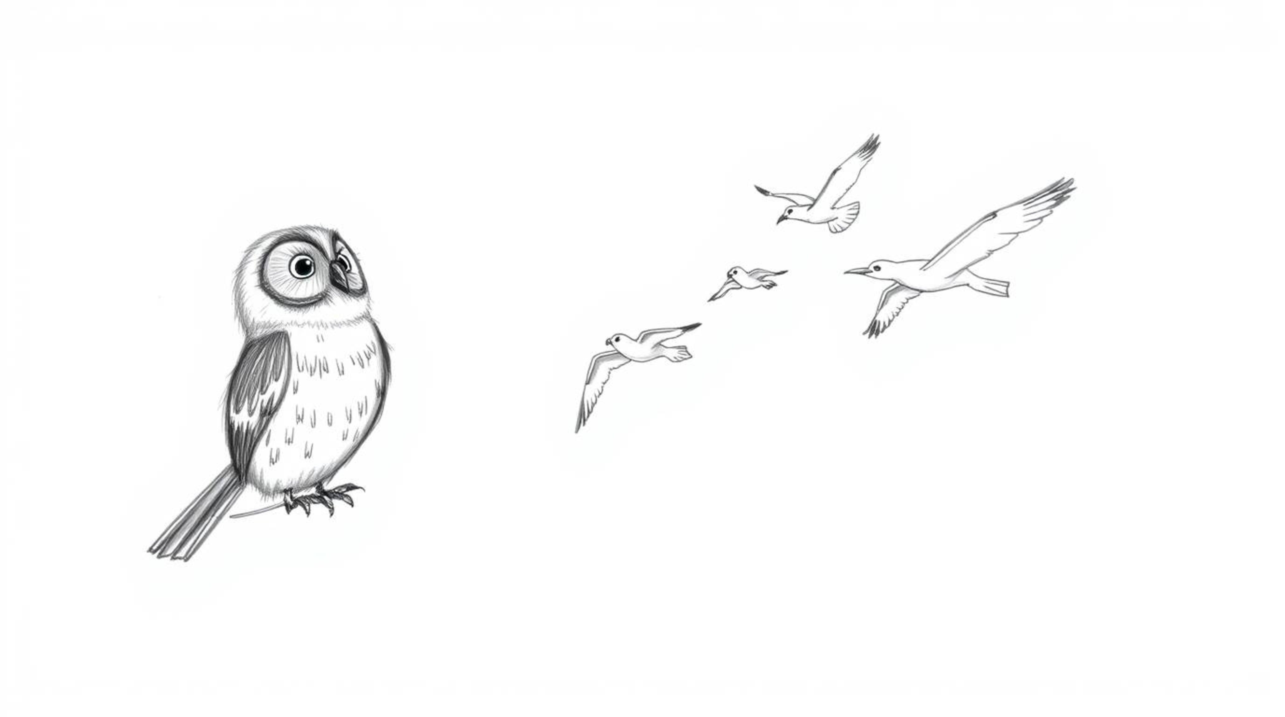 A hand-drawn pencil sketch depicting a blind owl, rendered in a Pixar-inspired style, showcases rough, textured lines against