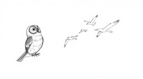 A hand-drawn pencil sketch depicting a blind owl, rendered in a Pixar-inspired style, showcases rough, textured lines against