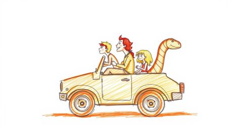 A whimsical hand-drawn sketch depicts a prehistoric family enjoying a ride in a dinosaur-shaped car.  Rendered in rough penci