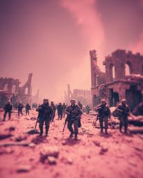 This image captures a surreal and otherworldly scene of a battlefield, featuring time-warped soldiers and crumbling buildings
