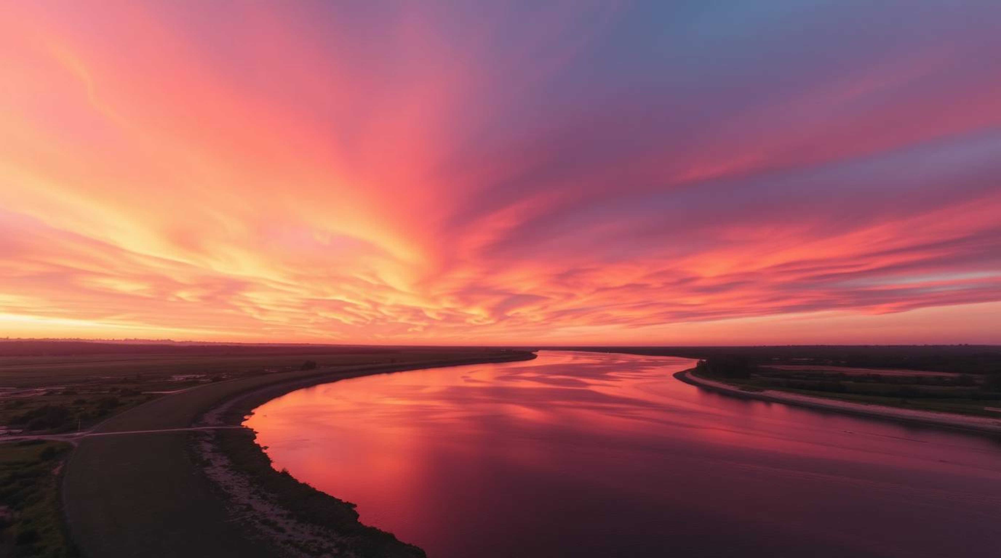 A breathtaking photograph capturing a winding river bathed in the warm glow of a dramatic orange-pink sky. The image is rende