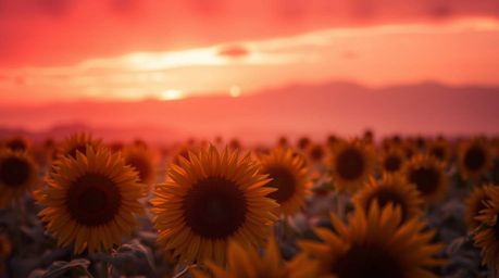 A breathtaking close-up showcases a vibrant sunflower field bathed in the golden rays of the setting sun.  The sky blazes wit