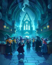 Immerse yourself in a magical school filled with young wizards, rendered in a cool palette of blues, greens, and purples. Thi