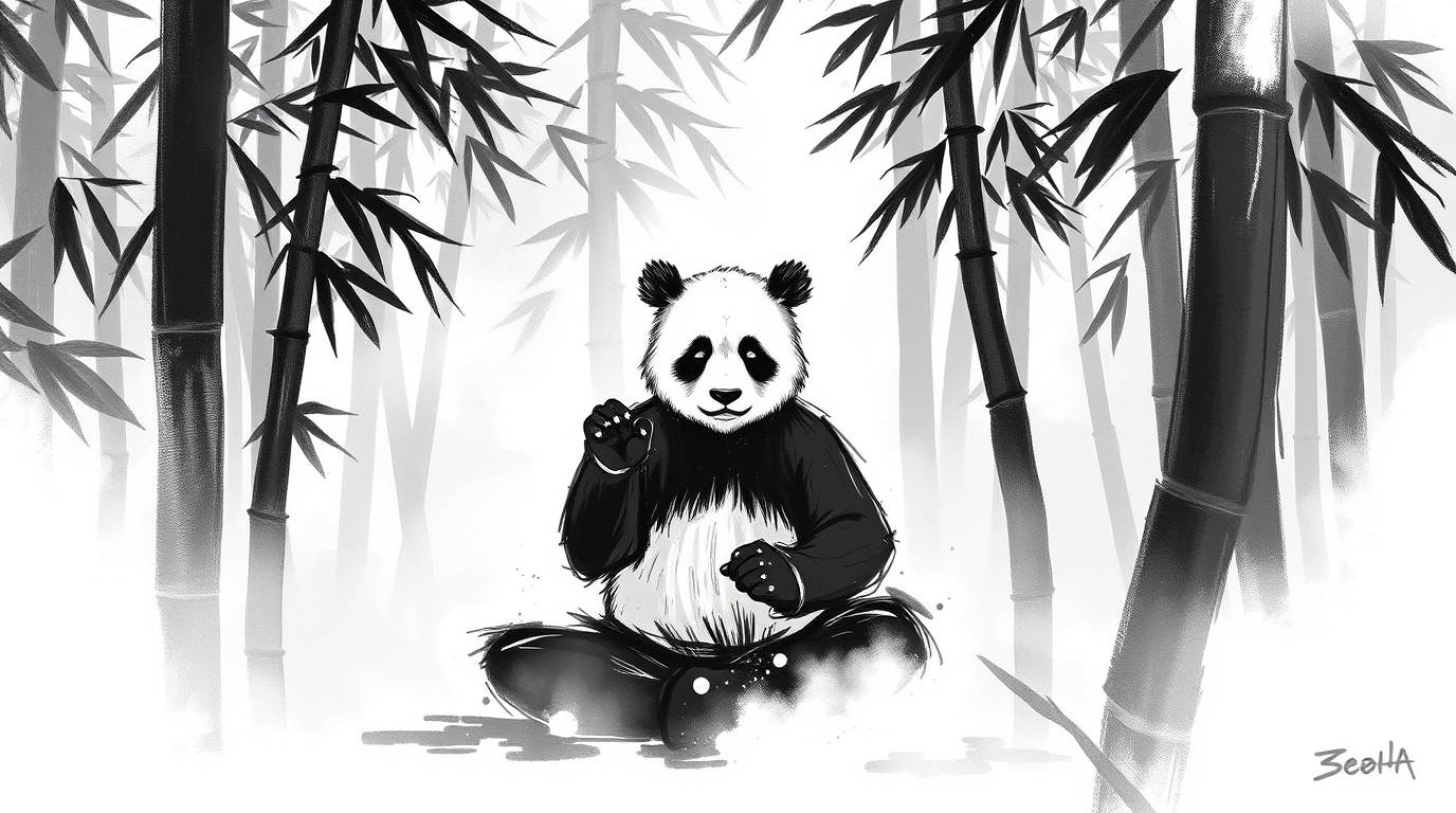 A dynamic digital sketch portraying a panda martial artist in serene meditation amidst a lush bamboo forest.  Rendered in cla