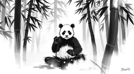 A dynamic digital sketch portraying a panda martial artist in serene meditation amidst a lush bamboo forest.  Rendered in cla
