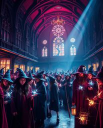 A stunning, modern, and futuristic grand epic scene unfolds, portraying a magical school teeming with young wizards clad in r