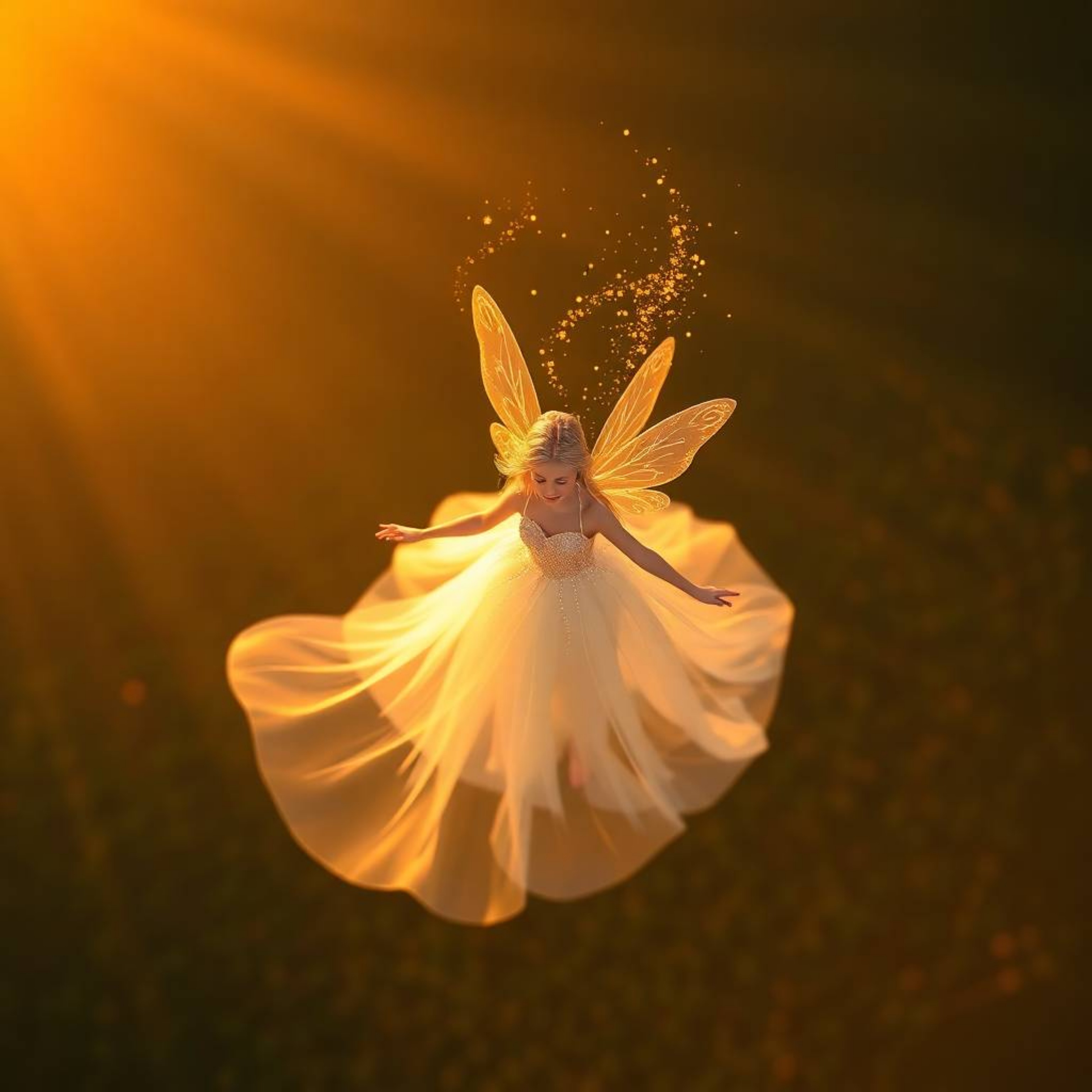 Experience the magic of a fairy godmother as she descends in a swirl of sparkles, bathed in the warm glow of golden hour ligh