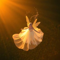 Experience the magic of a fairy godmother as she descends in a swirl of sparkles, bathed in the warm glow of golden hour ligh