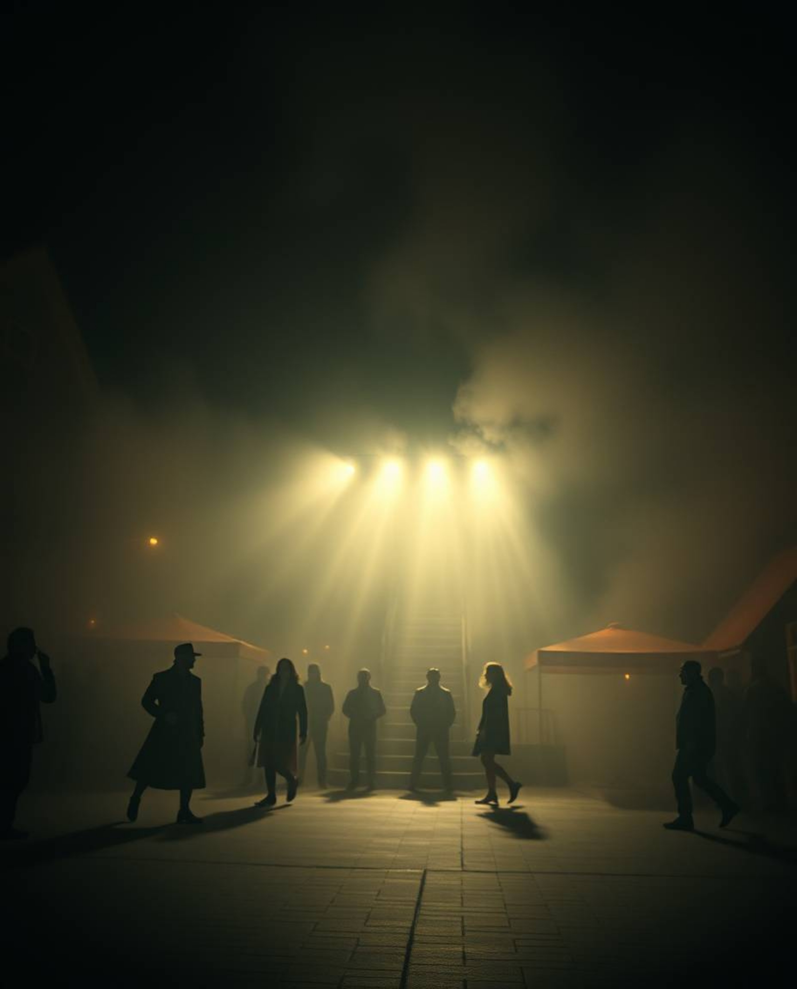 Experience a cinematic musical number set in a bright town square, unexpectedly shrouded in thick fog. Dramatic lighting pier