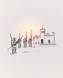 A captivating hand-drawn sketch depicts a battlefield where time-warped soldiers clash amidst crumbling buildings. Rough line