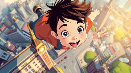 Experience a lively and energetic scene depicted from a high-angle perspective, featuring a young boy with light skin and dar