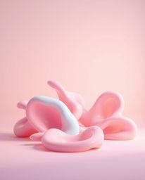 This artwork features a mesmerizing 3D rendering of abstract liquid forms rendered in soft, pastel colors under soft cinemati