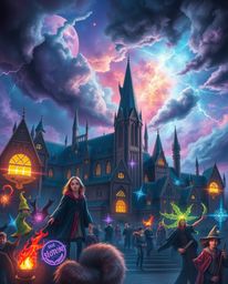 Discover a captivating magical school brimming with young wizards, vibrant colors, and dramatic stormy skies. Experience the 